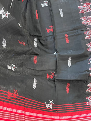 Cotton Saree in Black and Red